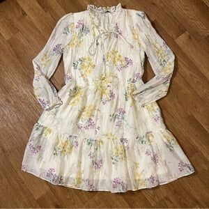 Taylor Ruffle Neck Floral Lyocell Blend Mini Dress - Cream, Yellow, & Purple